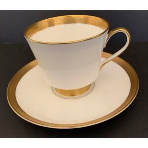 Vintage Mikasa Pembroke Footed Cup and SaucerBone China White Gold Verge Trim